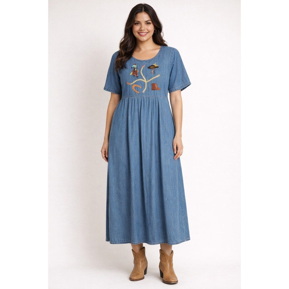 Vintage 90s‎ Western Denim Country Rodeo Embroidered Maxi Dress Size L